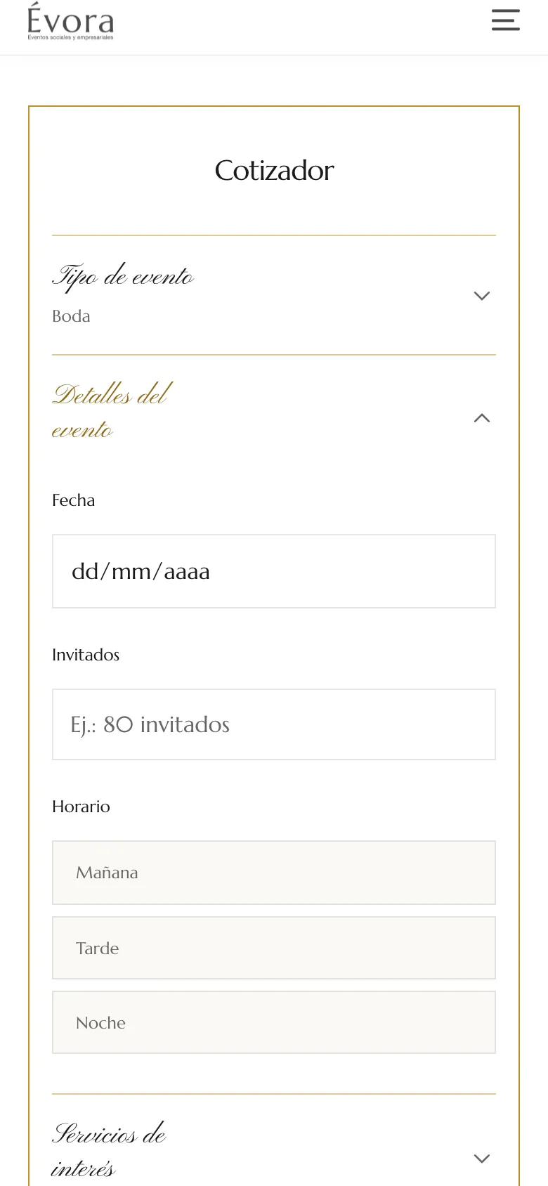 Quote builder on a phone: the event type summarized and the details step open