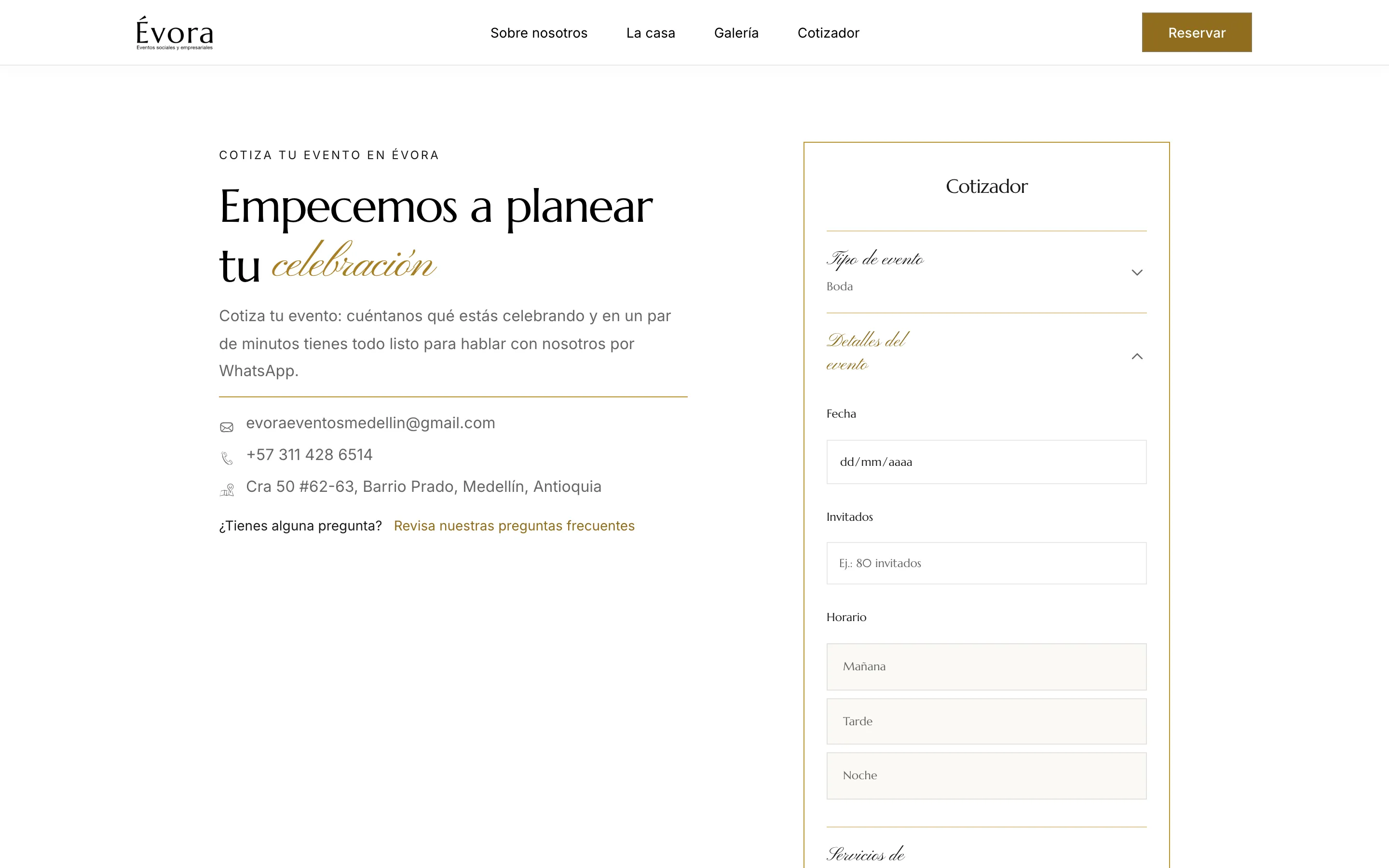 The quote builder after choosing Wedding: the closed step shows the answer in its header and the event details step opens