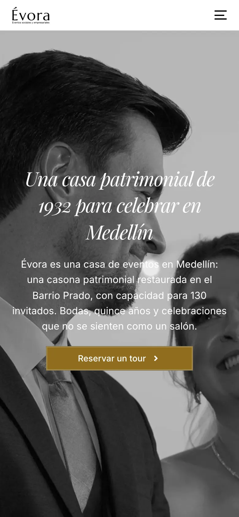 Évora’s home page on a phone with the italic serif headline and the Book a tour button