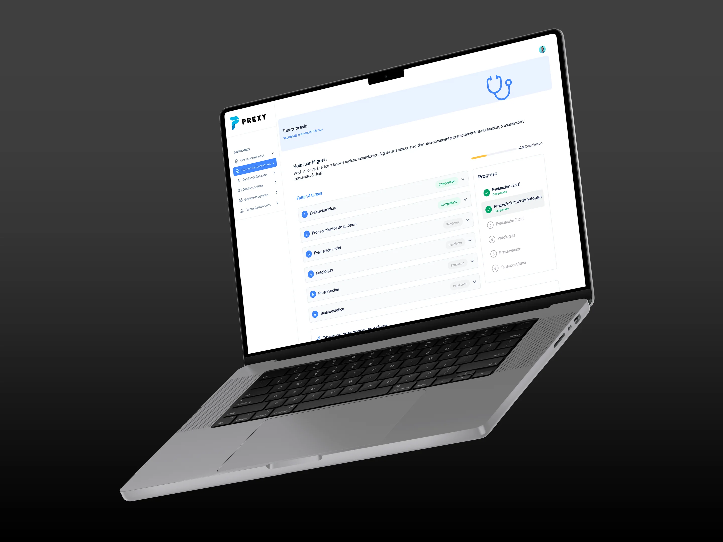 Prexy platform: step-by-step embalming record form with visible progress