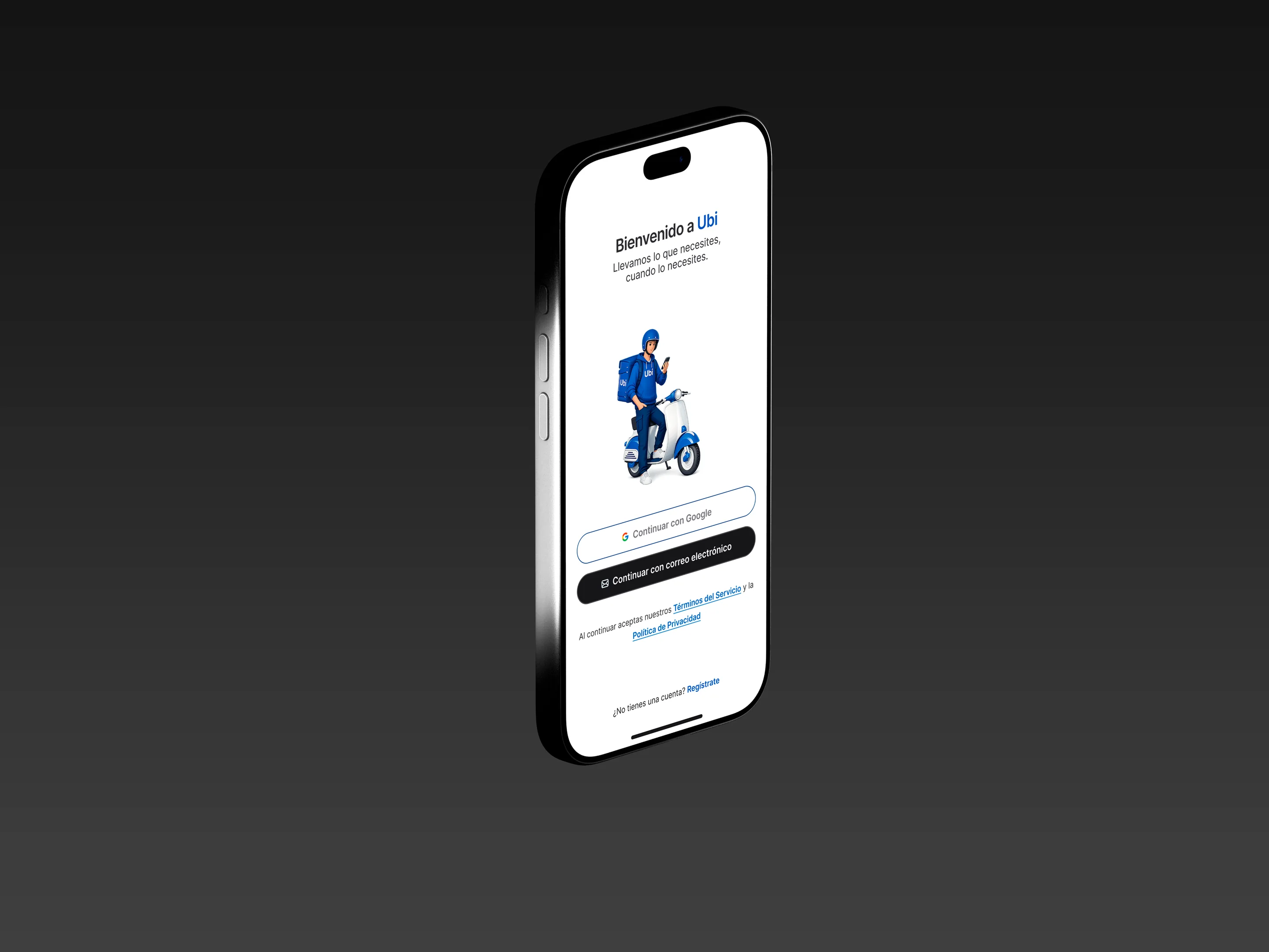 Ubi on an iPhone: the welcome screen with sign-in through Google or email