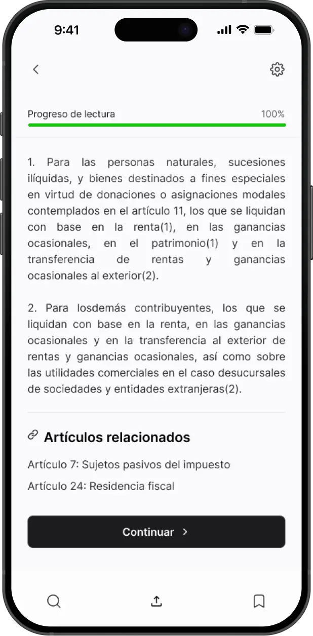 Artículo del Estatuto Tributario con barra de progreso de lectura
