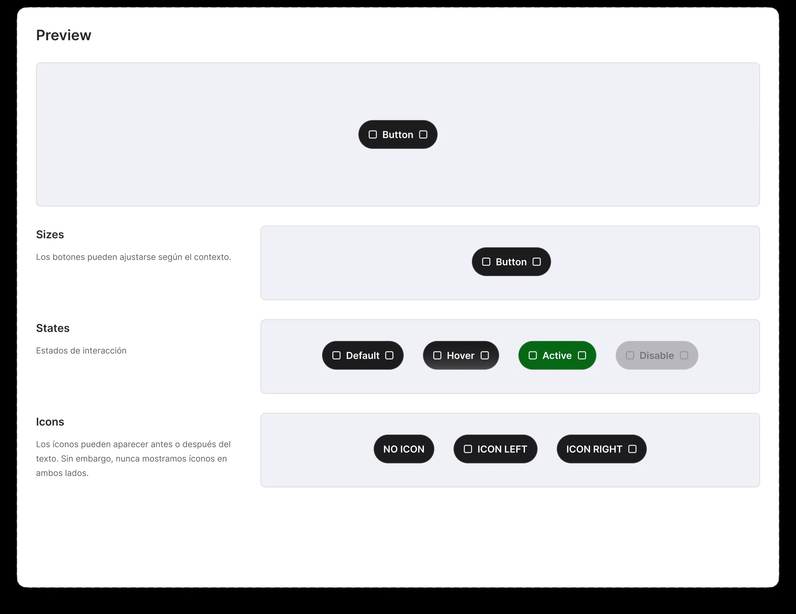 Hoja de especificación del botón en Figma: vista previa, tamaños, estados de interacción y uso de íconos
