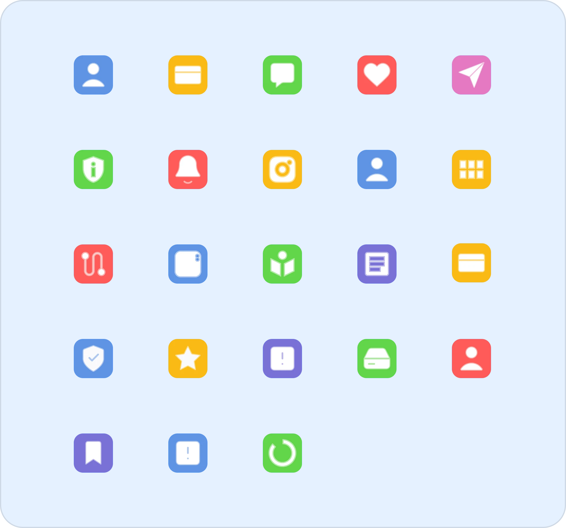 Los íconos propios de Trico en Figma: mosaicos redondeados de color con un glifo blanco, para cuenta, avisos, tipos de contenido y acciones de lectura