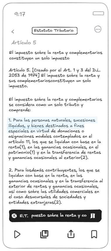 Wireframe de lectura de un artículo con el minirreproductor de audio abajo