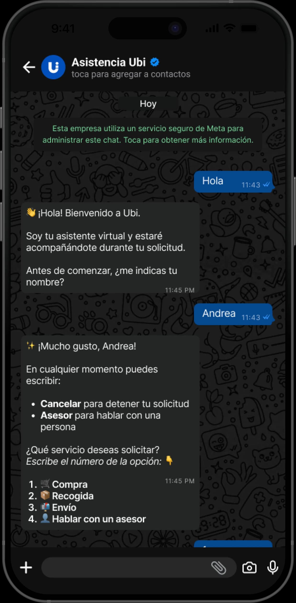 Ubi chatbot greeting the customer with four numbered options: purchase, pickup, delivery or talk to an agent