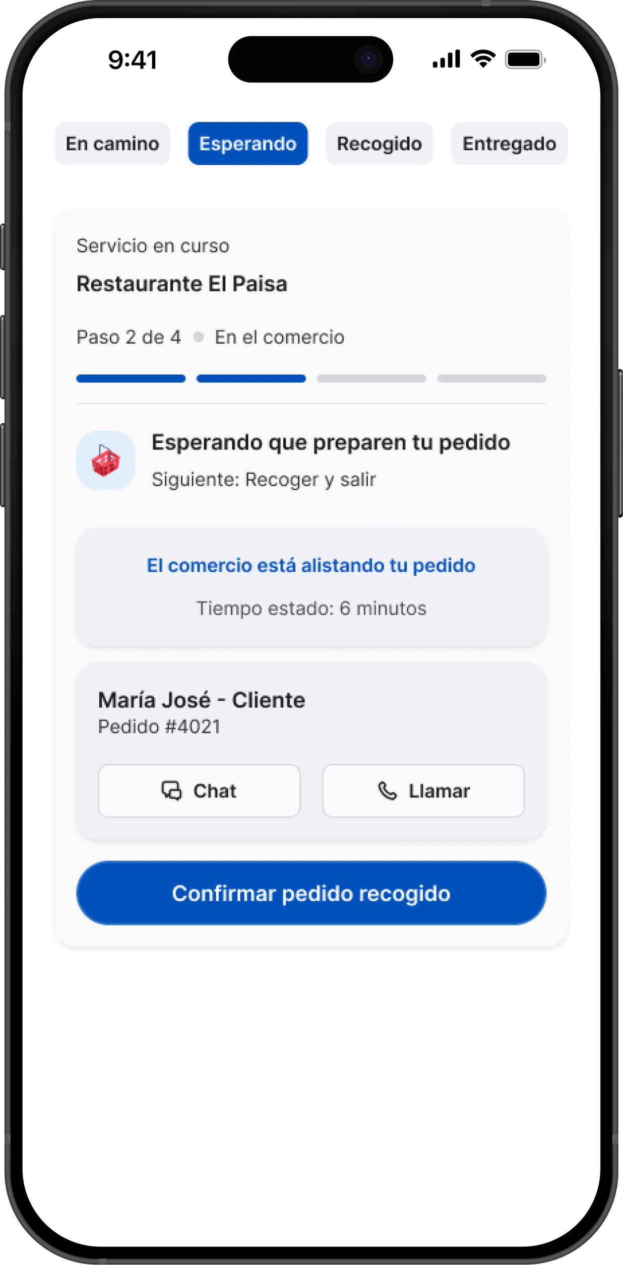 Step 2: waiting for the order, with the Confirm pickup button