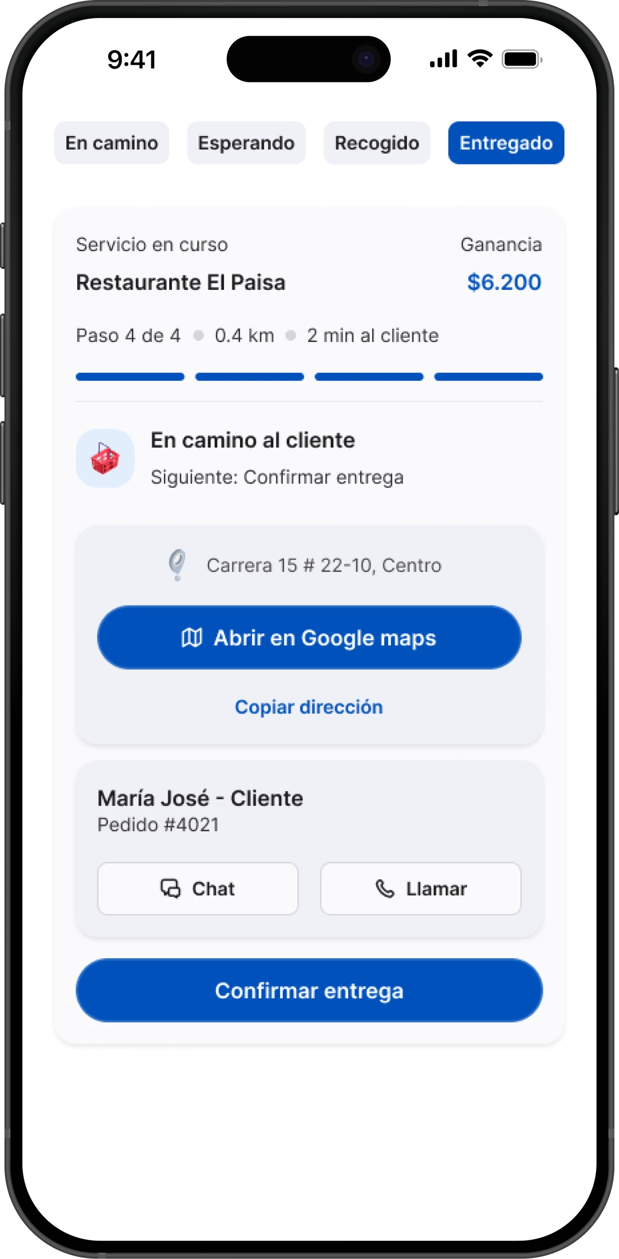 Step 4: on the way to the customer, with the Confirm delivery button