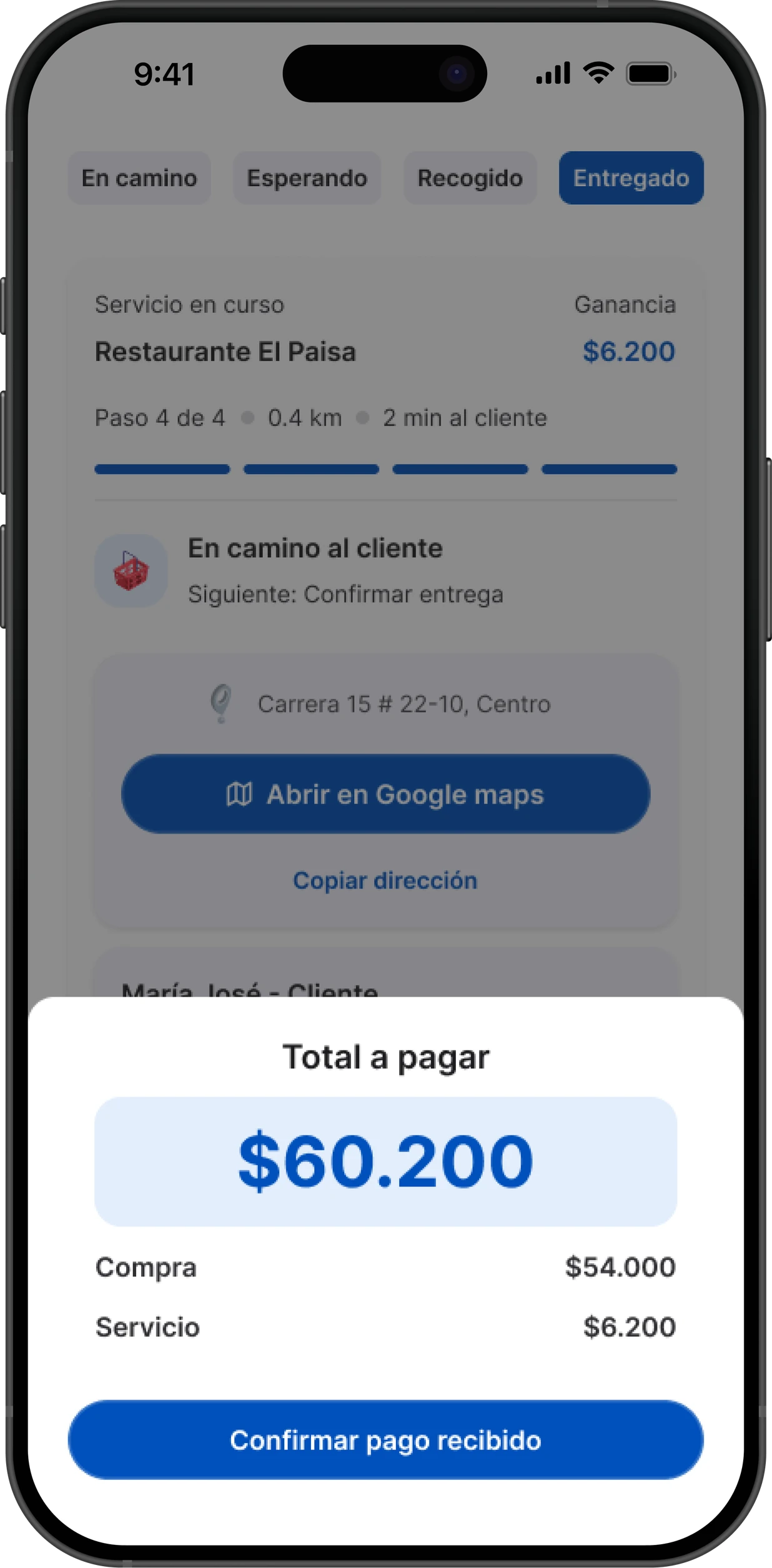 Total due at delivery, split into purchase and service fee, with the Confirm payment received button
