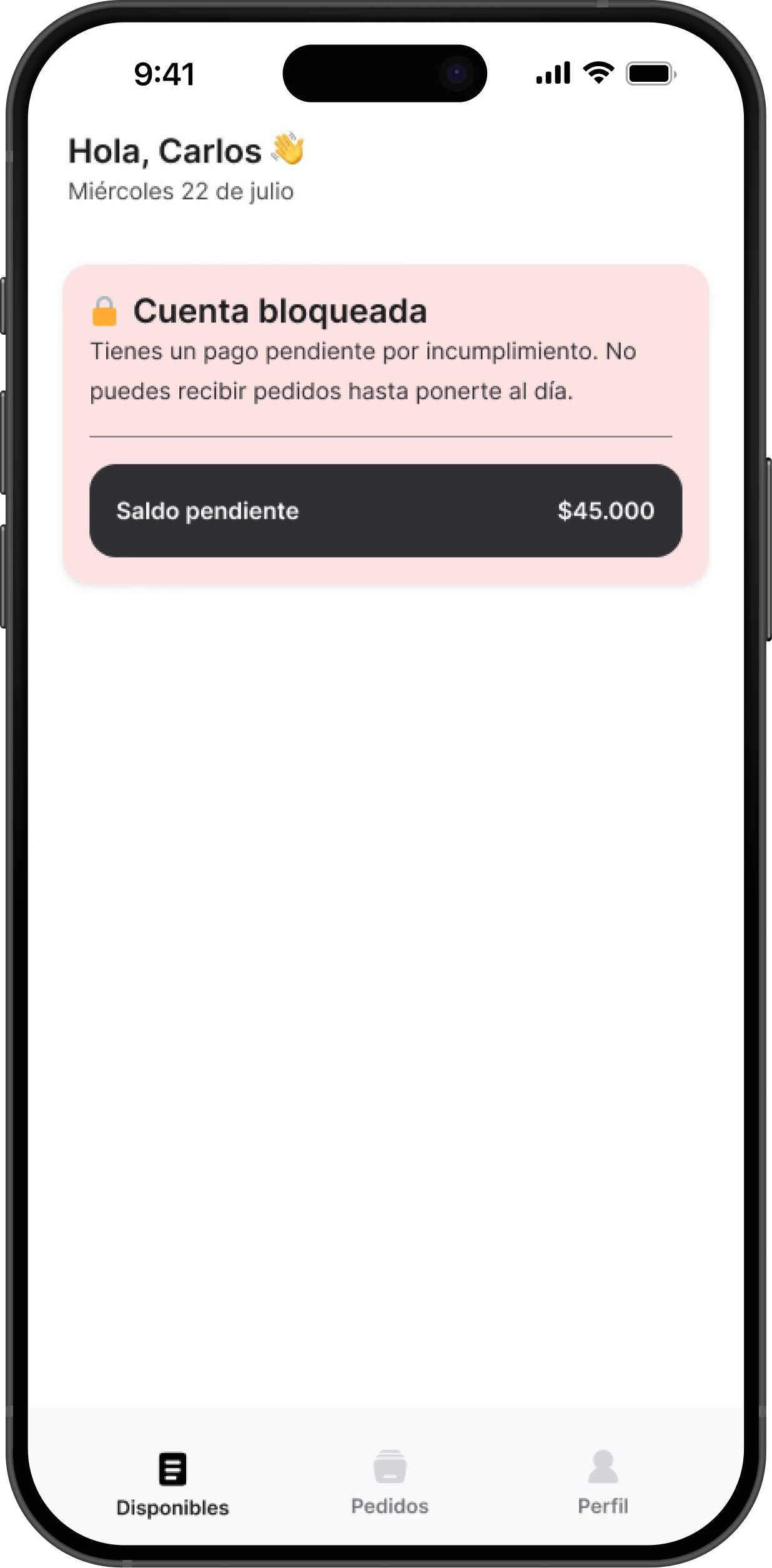 Account locked over a pending payment, showing the balance due