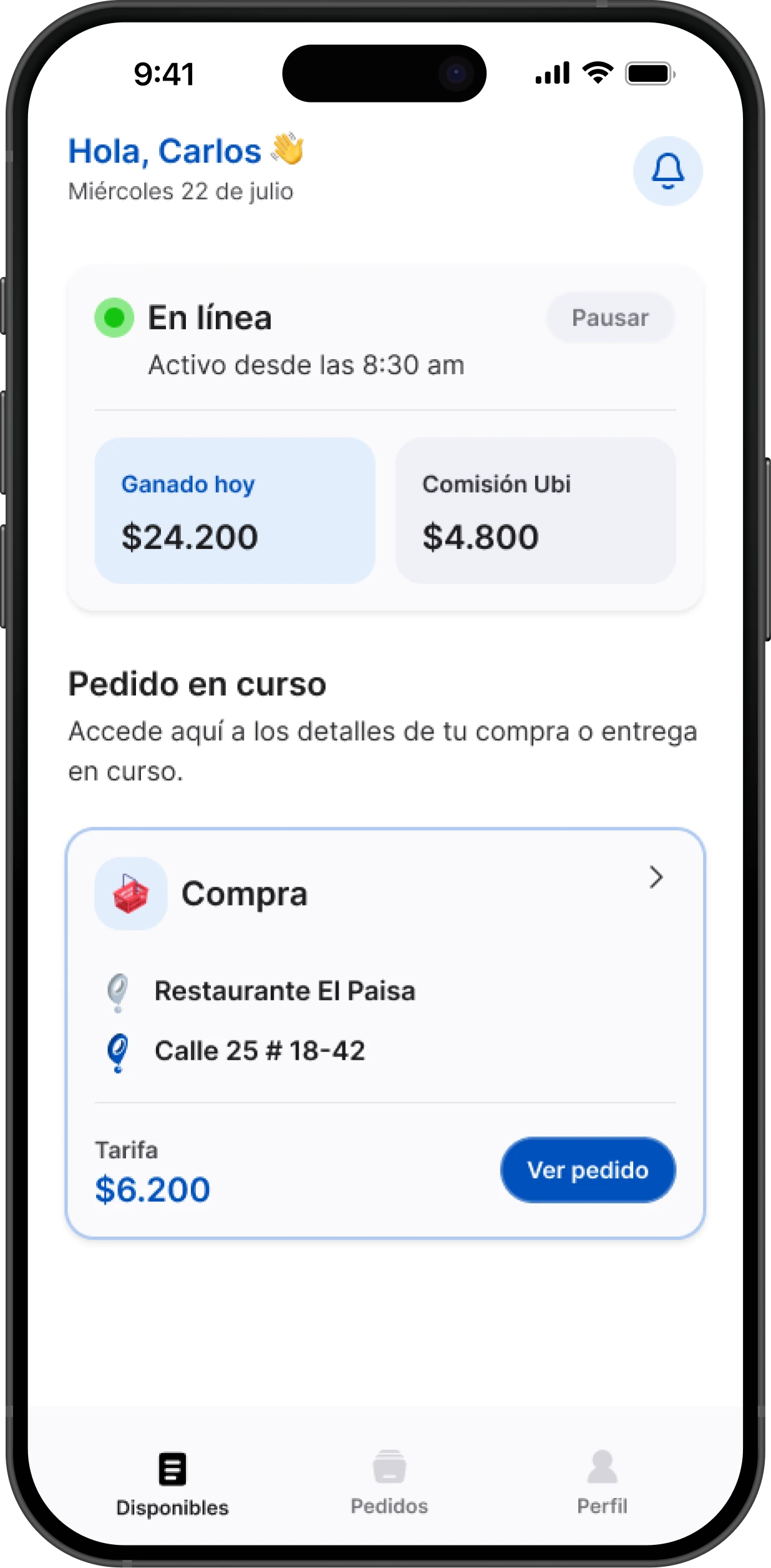 Courier home while online, with today’s earnings and an order in progress