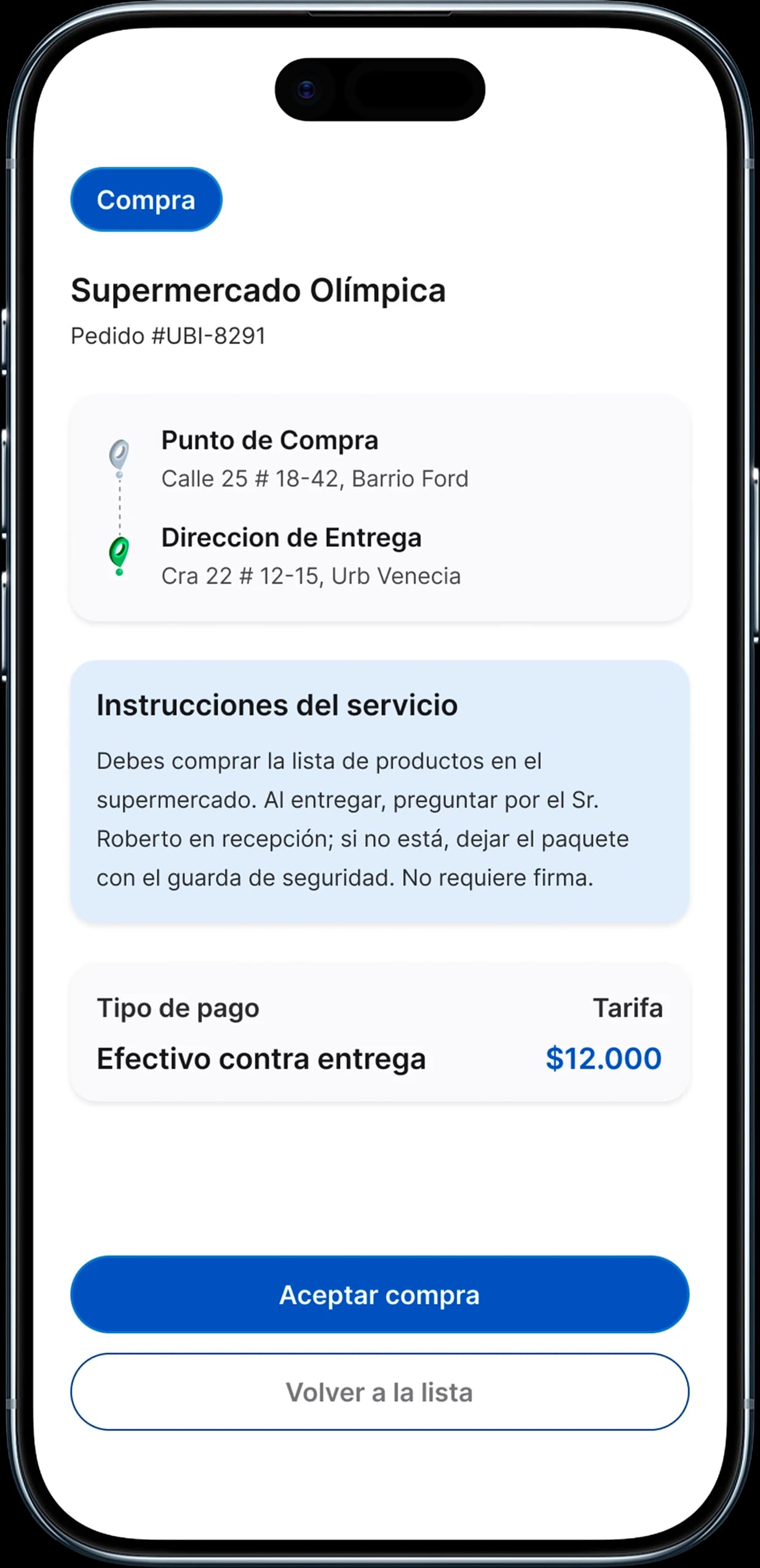 Details of a grocery purchase service, with instructions and cash on delivery