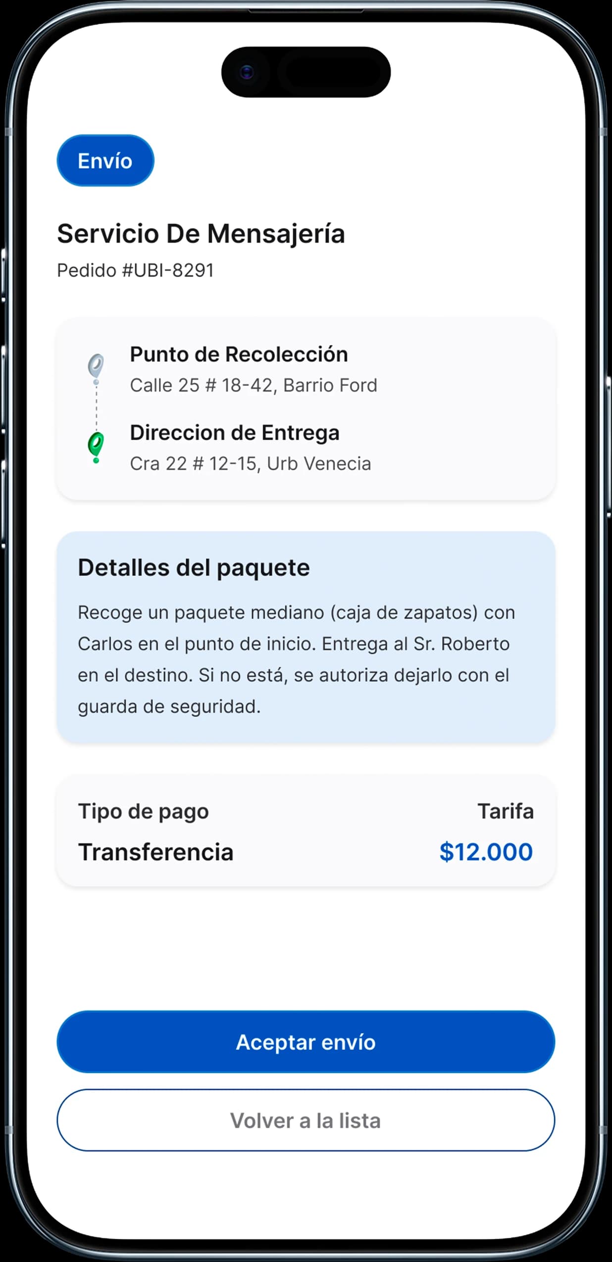 Details of a package delivery service, paid by bank transfer