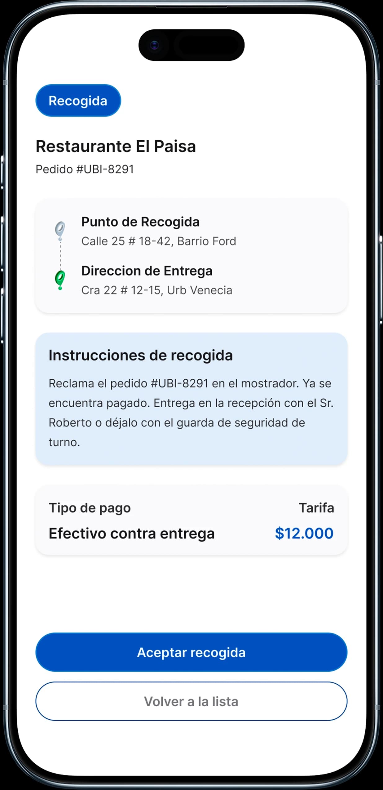 Details of a pickup for an already paid restaurant order