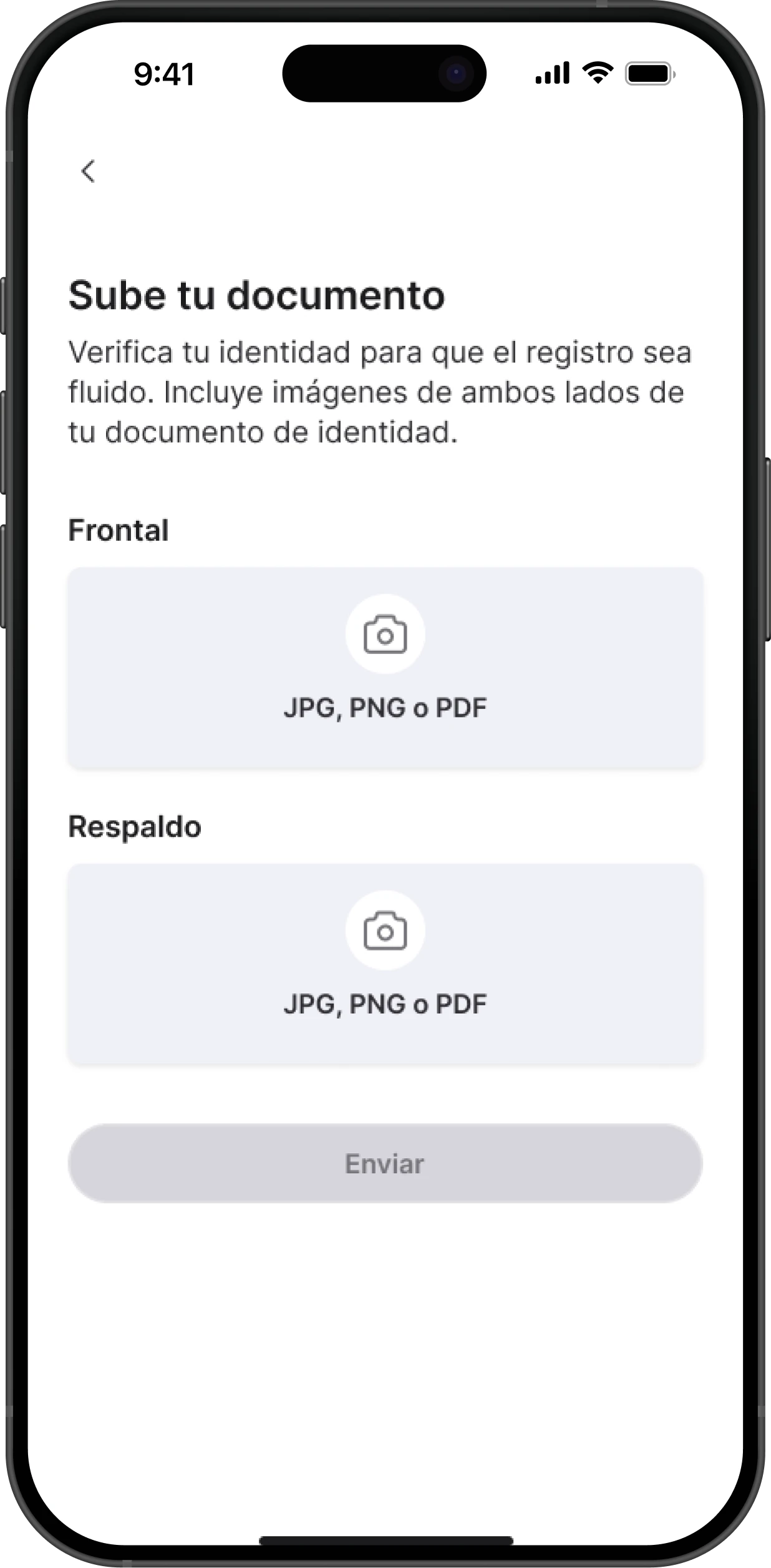 Uploading a document front and back, as JPG, PNG or PDF