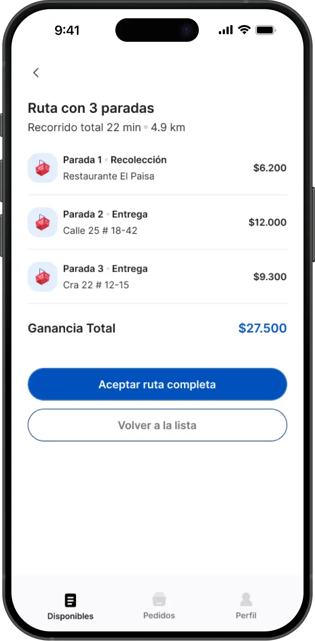 A route with three stops and the total earnings for the trip